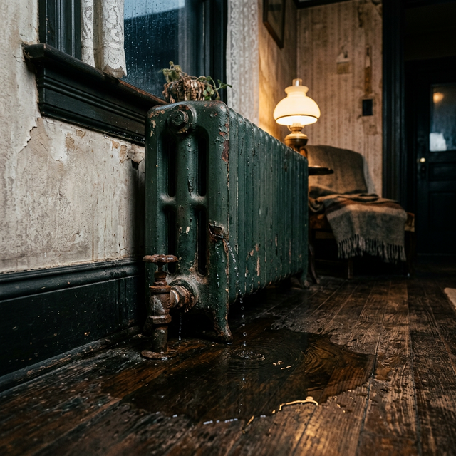 Burst steam radiator leaking water onto hardwood floor