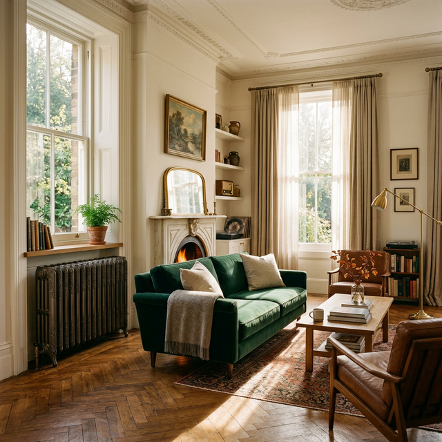 Beautifully restored vintage living room after radiator leak repair